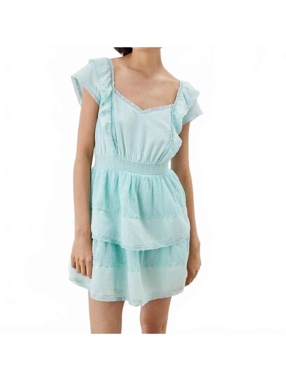 American Eagle Mint Seafoam Lace Tiered Ruffle Mini Dress Medium Coquette Style